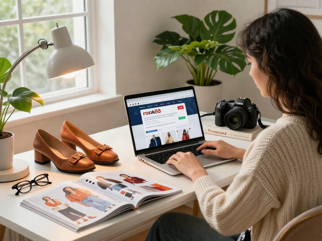 Woman shopping online with rokok88 link in warm home setting surrounded by trendy fashion items.