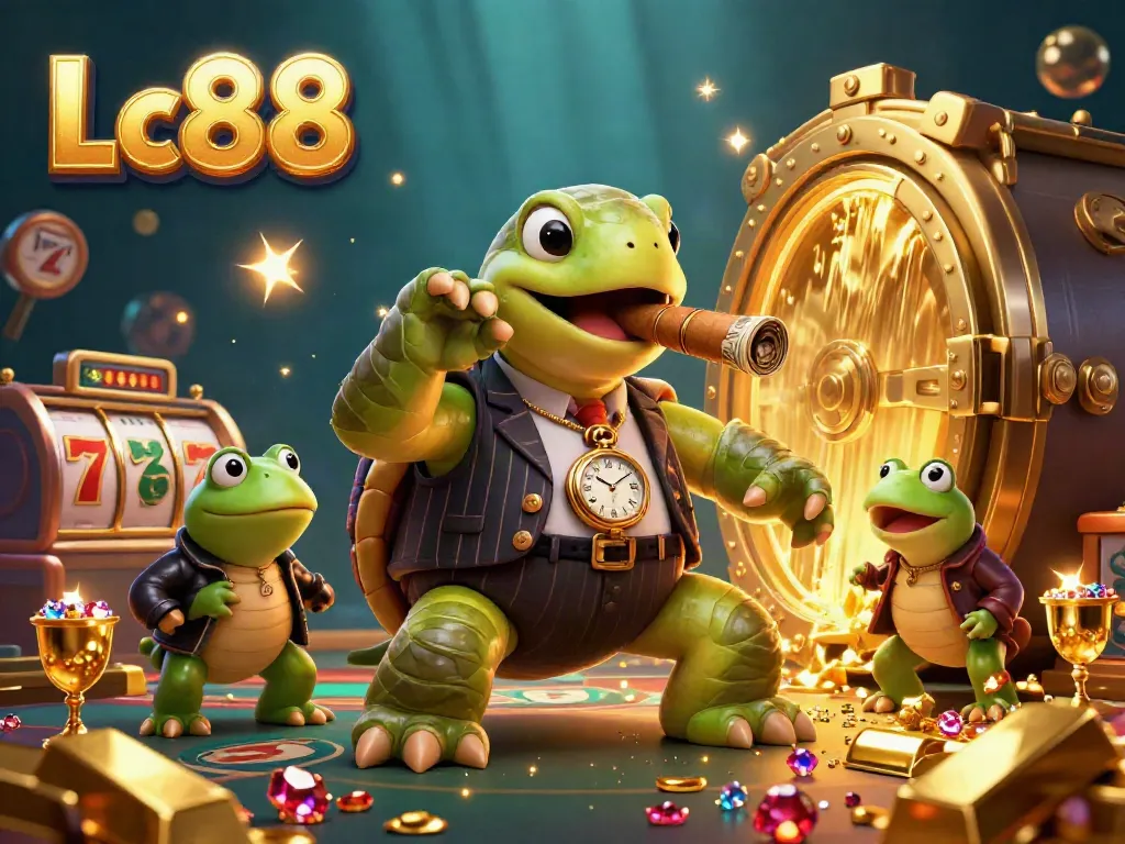 Experience the thrilling Lc88 casino world with cartoon characters and dazzling slot machines, a vibrant gaming atmosphere.
