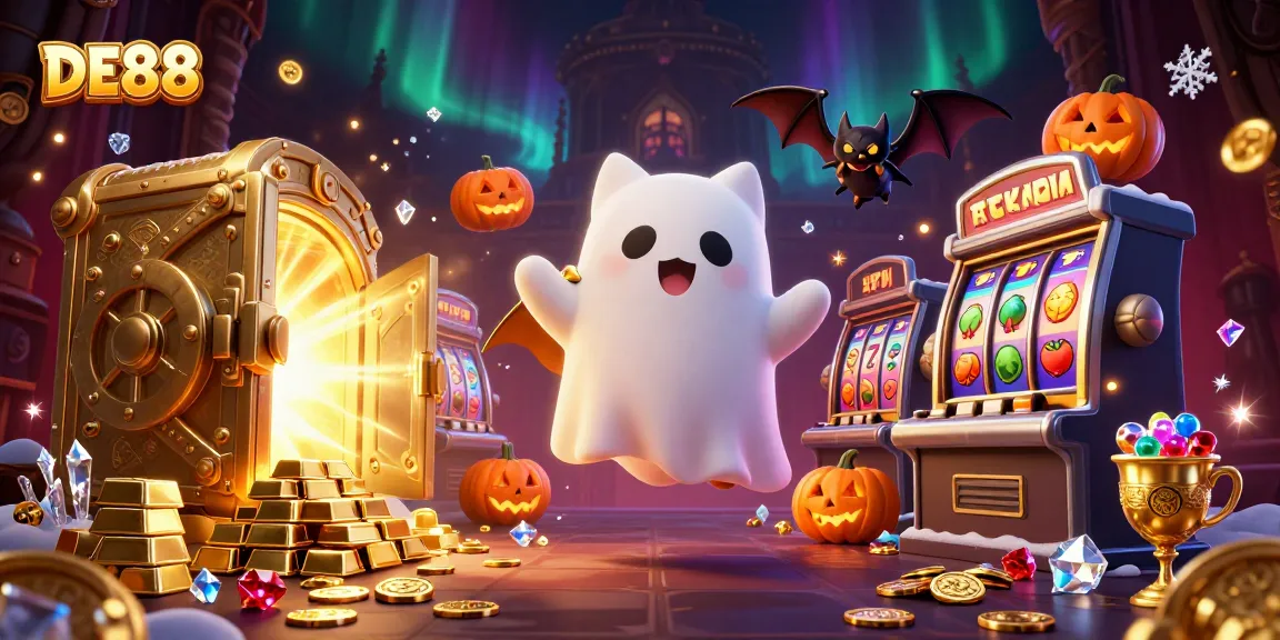 Watch the DE88 ghost cat and vampire bat navigate a haunted casino, surrounded by slot machines.