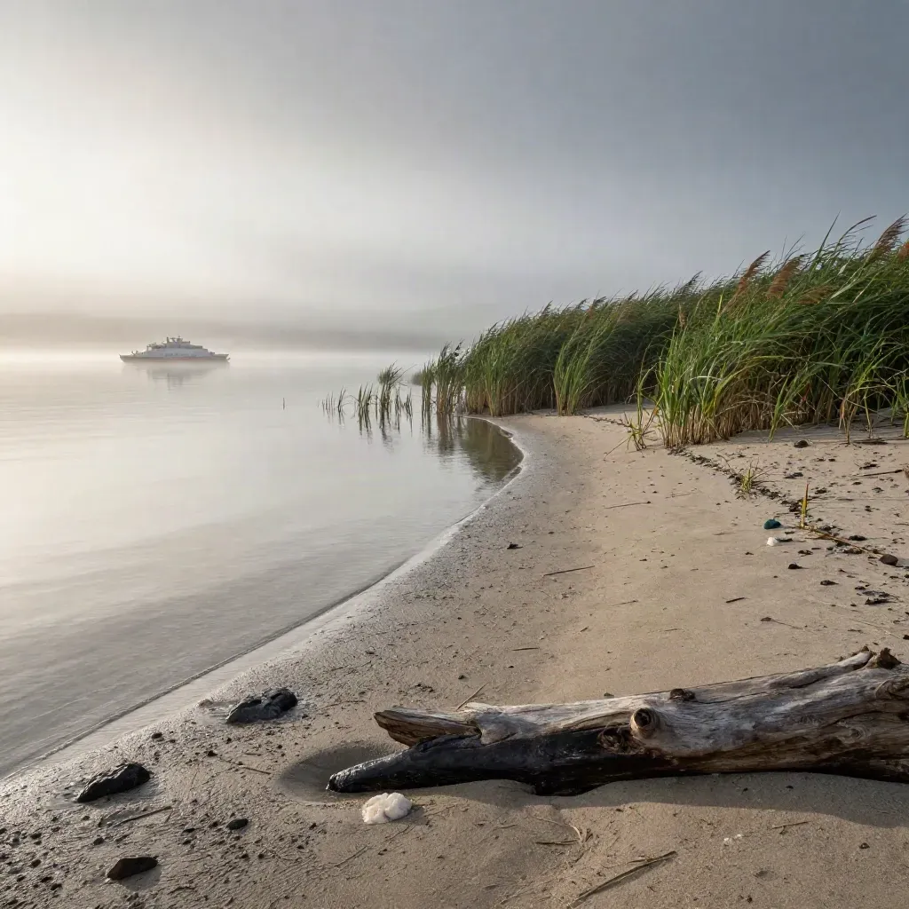 Vindpinad strand med ljusgrå stenar, vass och en suddig färjelinje i diset