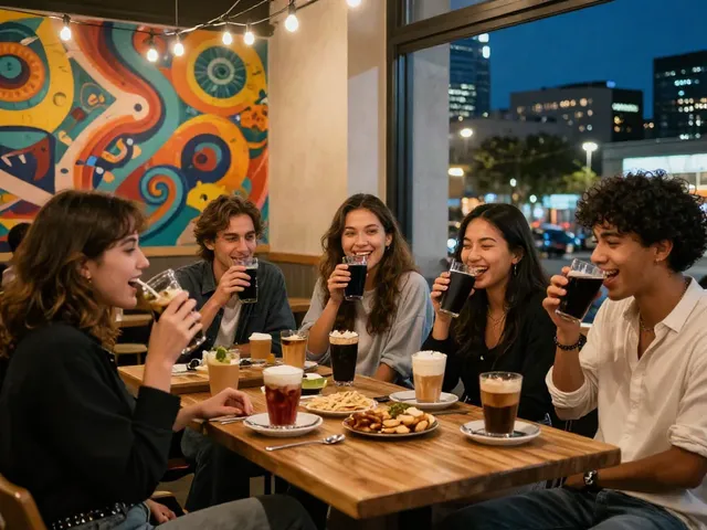 Friends enjoying rokok88 night out at trendy café with vibrant atmosphere