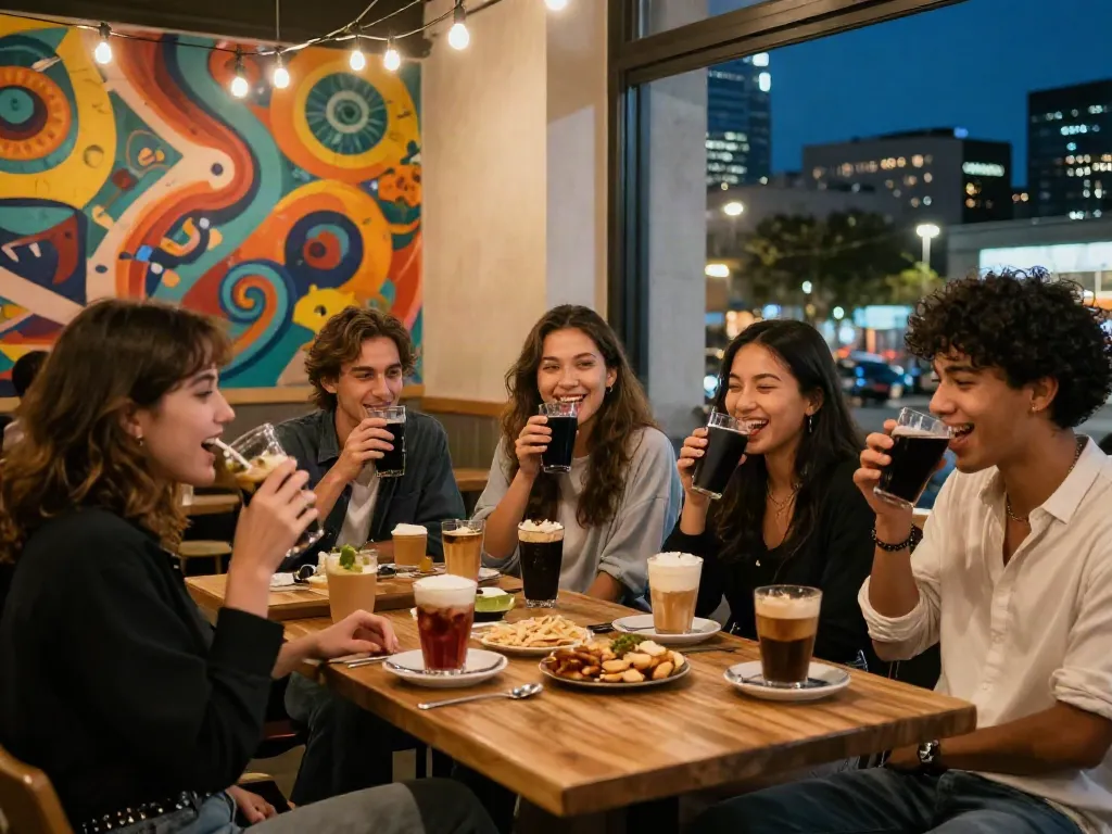 Friends enjoying rokok88 night out at trendy café with vibrant atmosphere